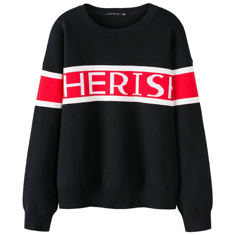 森马红色毛衣女2019秋冬新款宽松撞色字母提花上衣时尚chic毛衫潮