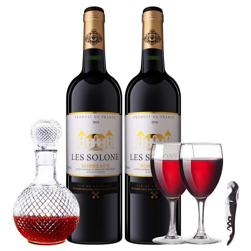 法国原瓶进口红酒 索龙波尔多干红葡萄酒 两瓶品鉴装750ml*2送酒杯酒器