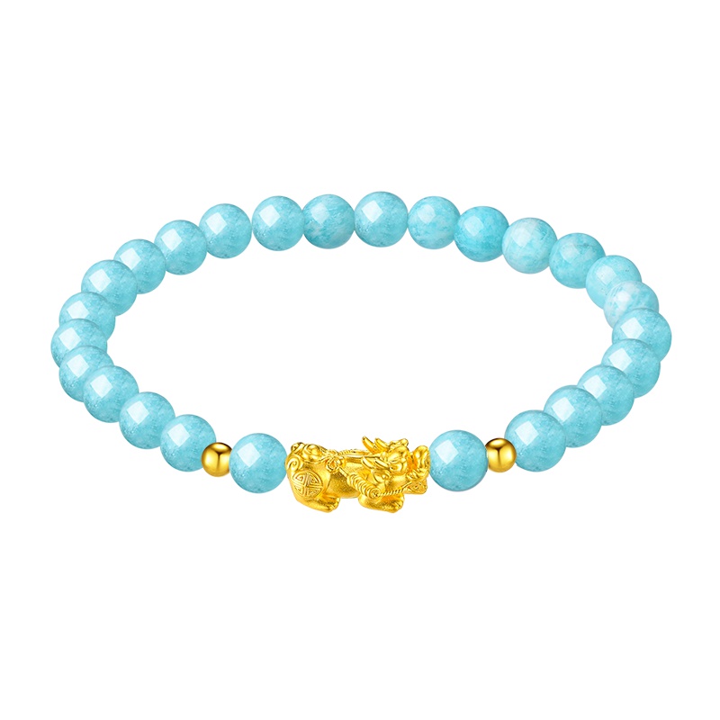 蒂蔻 黄金貔貅手链女款3D硬足金海蓝宝手串本命年节日礼物