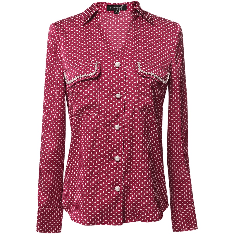 欧昵雪通勤小众V领修身显瘦衬衣女波点长袖衬衫上衣