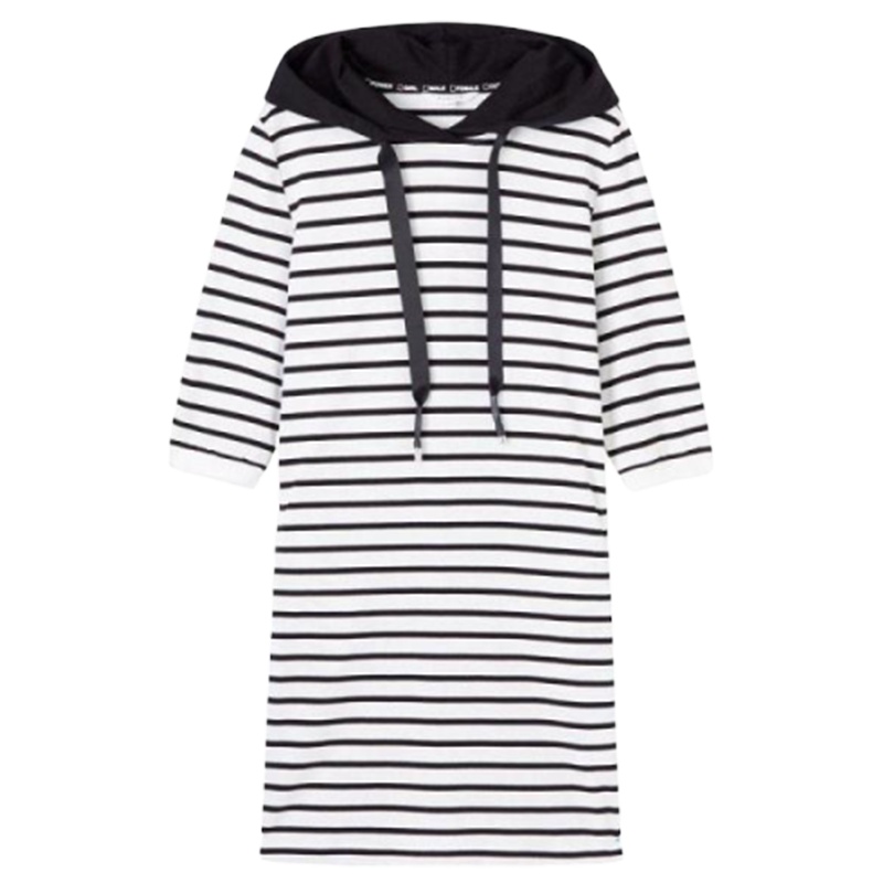 拉夏贝尔新款韩版短款连帽文艺条纹七分袖打底连衣裙女20012419