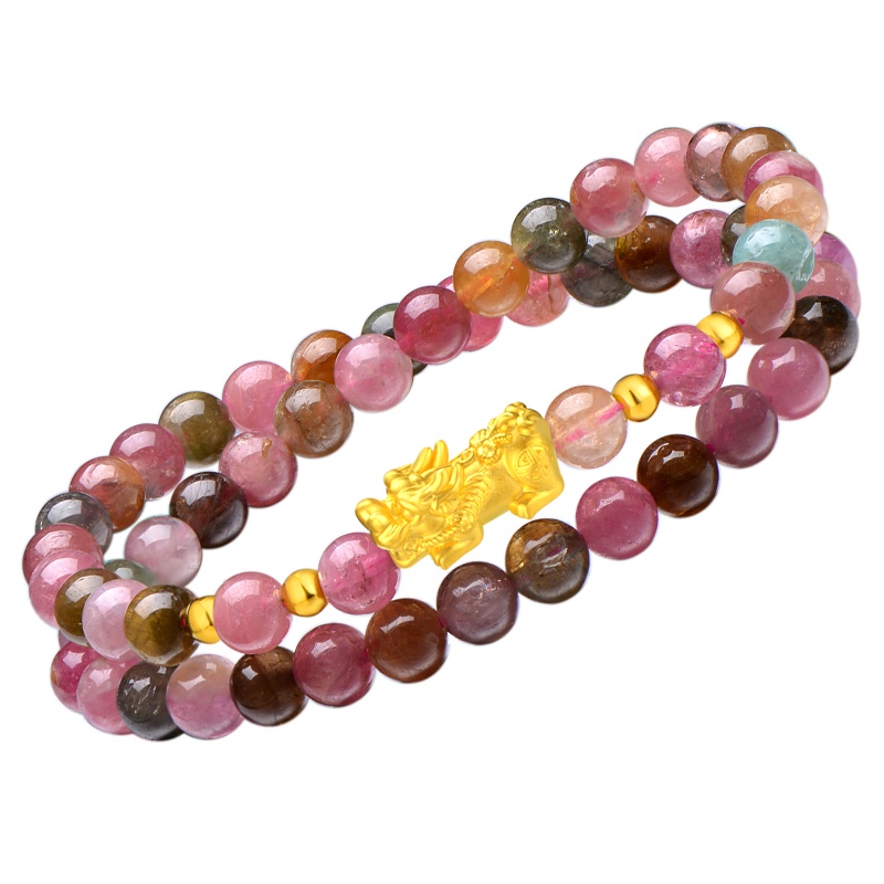 蒂蔻 时尚貔貅黄金手链女款足金多彩碧玺路路通两圈手串3D硬金饰品生日礼物送女友