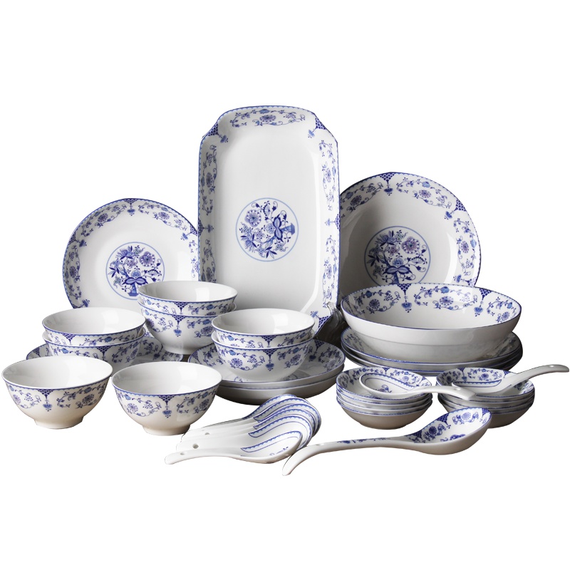 韵唐 釉中彩陶瓷餐具套装 35头碗碟盘礼盒装 微波炉适用[心愿]