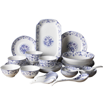 韵唐 釉中彩陶瓷餐具套装 35头碗碟盘礼盒装 微波炉适用[心愿]