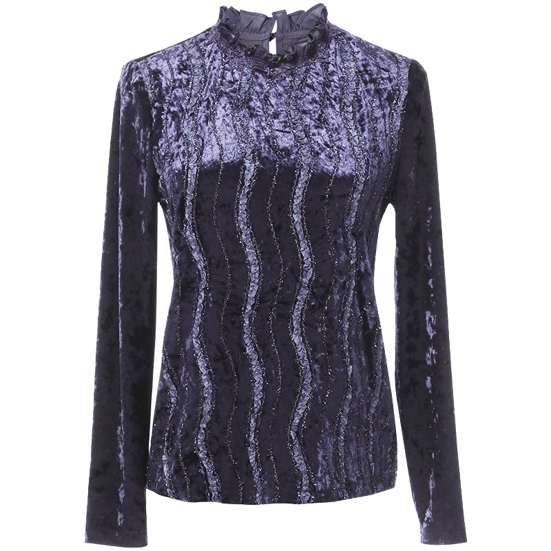 欧昵雪冬装木耳边立领亮丝长袖丝绒上衣女气质修身打底衫