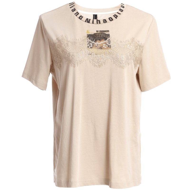 欧昵雪夏季字母印花圆领美女头像纯棉T恤女短袖蕾丝装饰上衣