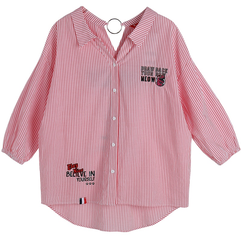 a02商场同款潮流玩趣卡通印花V领条纹衬衫女D1U2D0241BL