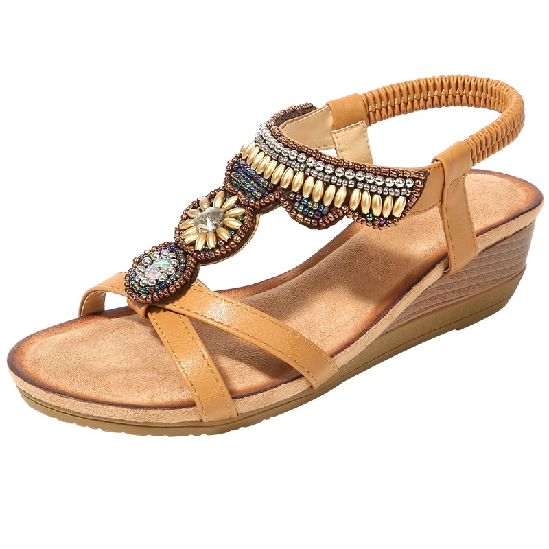 2022夏季凉鞋女上民族风女 复古水钻串珠坡跟鞋舒适露趾波西米亚坡跟低跟麦可斯.米娅