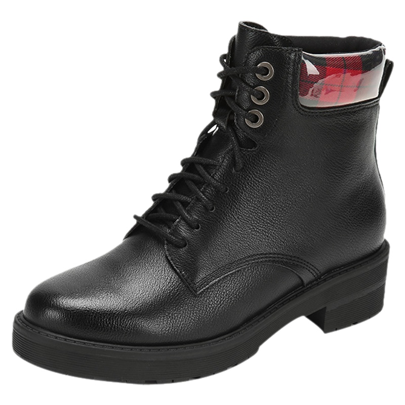 达芙妮马丁靴冬新款低跟加绒系带格子方跟女短靴