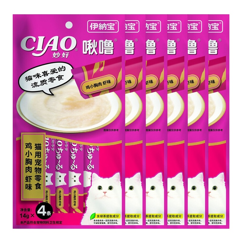 伊纳宝啾噜猫零食鸡小胸肉虾味14g×4条×6包