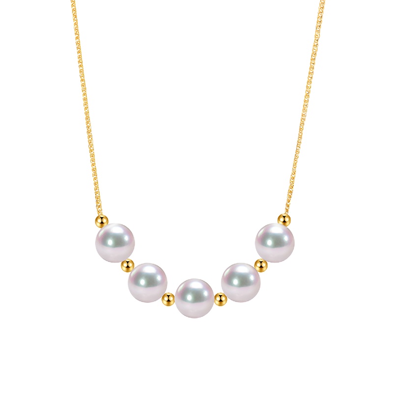 [Fan xin Ge]18K金akoya微笑珍珠项链金珠天然海水强光五珠路路通七夕礼物