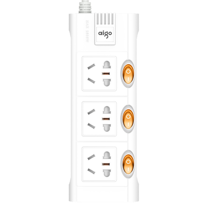 爱国者(aigo) 新国标安全插座/3位分控单独开关插线板/过载保护插排/排插/插板/接线板AD0303 全长1.8米