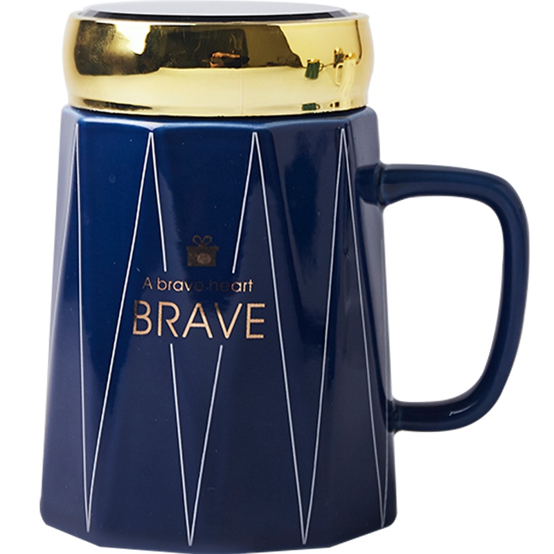 麦可可 创意个性经典办公早餐牛奶情侣家用陶瓷杯品悦马克水杯 带盖470ML宝石蓝