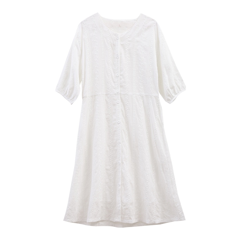 云上生活2020夏简约文艺韩版中长款蕾丝七分袖连衣裙