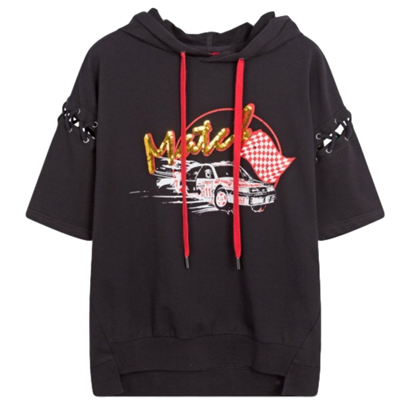 拉夏贝尔韩版卫衣夏季新款字母印花图案连帽短袖T恤宽松显瘦上衣女