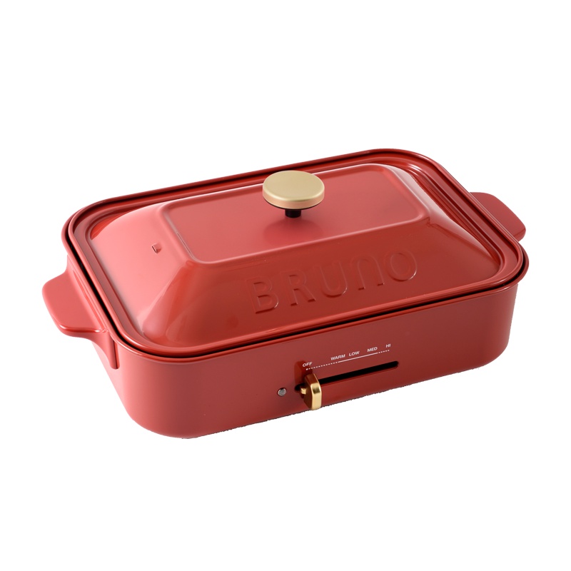 Bruno日本多功能料理锅复古红家用网红烤肉火锅一体锅多用小方锅(标配+多功能蒸屉+章鱼丸子烤盘+坑纹烤盘+瓷白深锅)