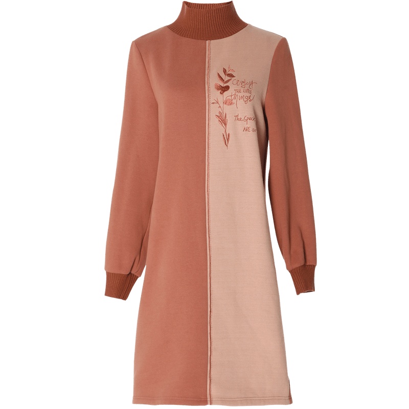 欧昵雪冬季撞色绣花半高领加绒加厚卫衣裙子女长袖连衣裙