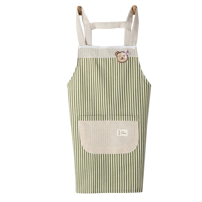 利得韩版时尚棉麻围裙 小熊双层防水围裙 条纹小清新绿 厨房可爱做饭烘焙
