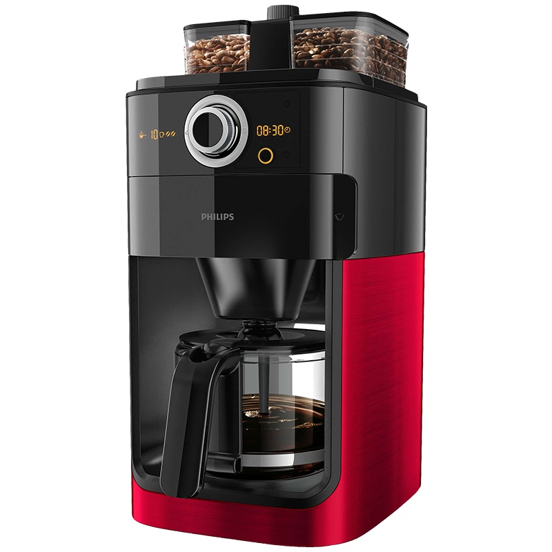飞利浦(PHILIPS)咖啡机 家用磨豆机全自动磨粉机双豆槽带预约功能非胶囊咖啡壶炫光红HD7762/50