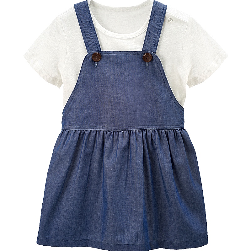 女童纯色圆领肩开扣短袖背带裙两件套