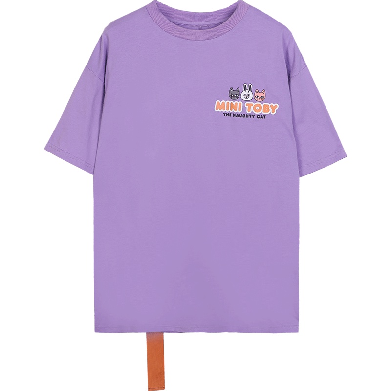 a02新款时尚少女不规则贴布印花飘带圆领短袖T恤女DTU2D0991KT