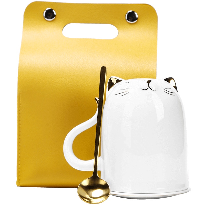 領藝 陶瓷马克杯个性简约萌系咖啡杯办公室单个茶杯喝水杯子带勺带盖