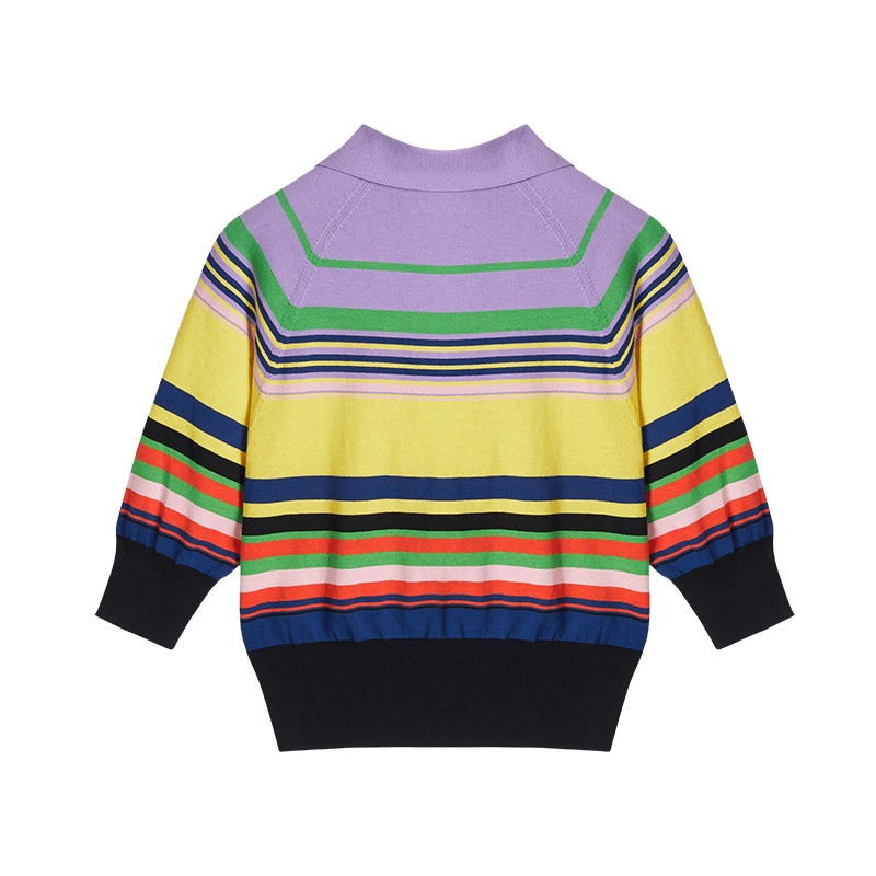 鄂尔多斯ERDOS春夏短款小翻领夹条半袖女式T恤