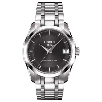 天梭(TISSOT)瑞士手表 库图系列烟灰色表盘日历窗格钢带女士机械表T035.207.11.061.00