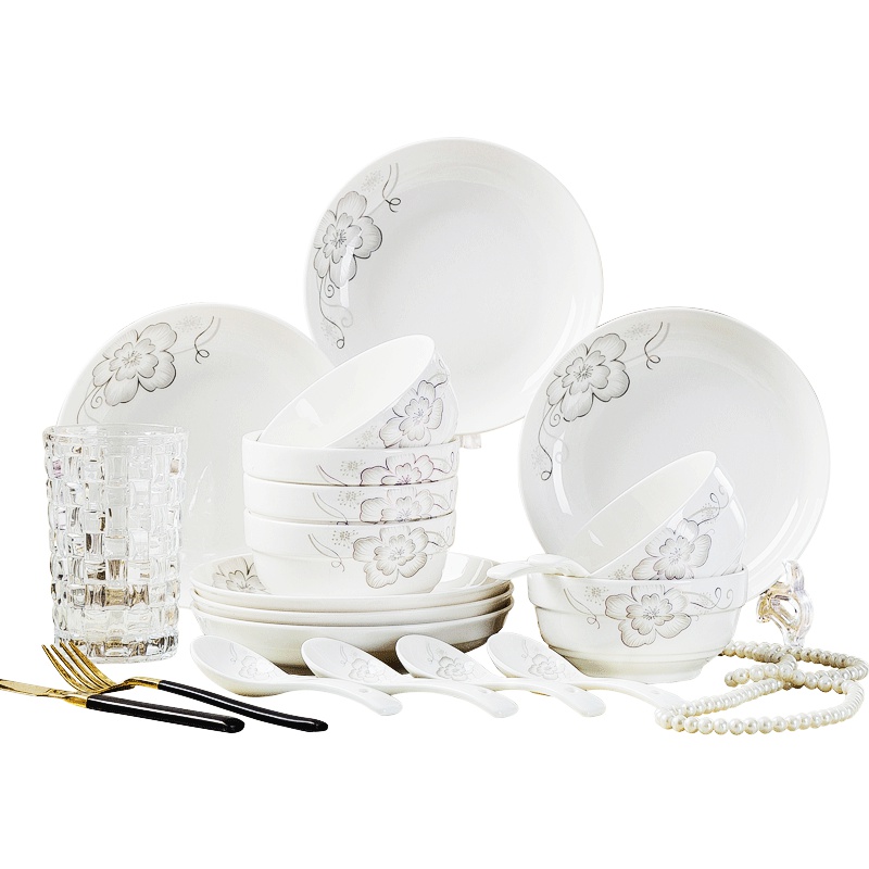 富昱景 碗碟套装 家用陶瓷餐具套装 景德镇 骨瓷碗盘中式碗盘送礼18头花开时节 礼盒装