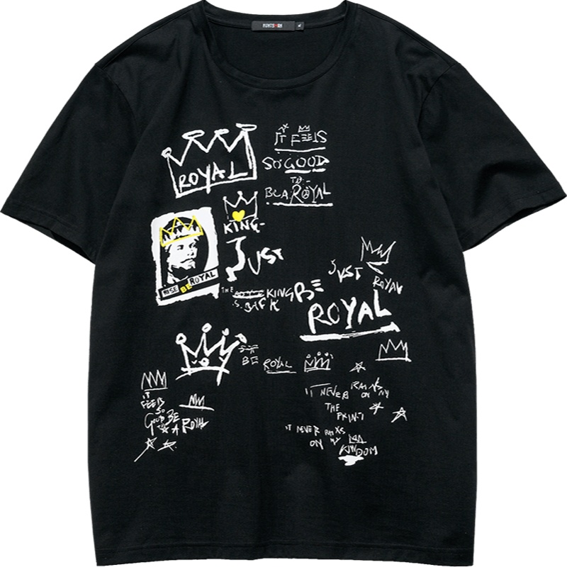 海德斯曼2018夏季短袖T恤男圆领 纯棉黑色印花半袖男潮牌体恤2763