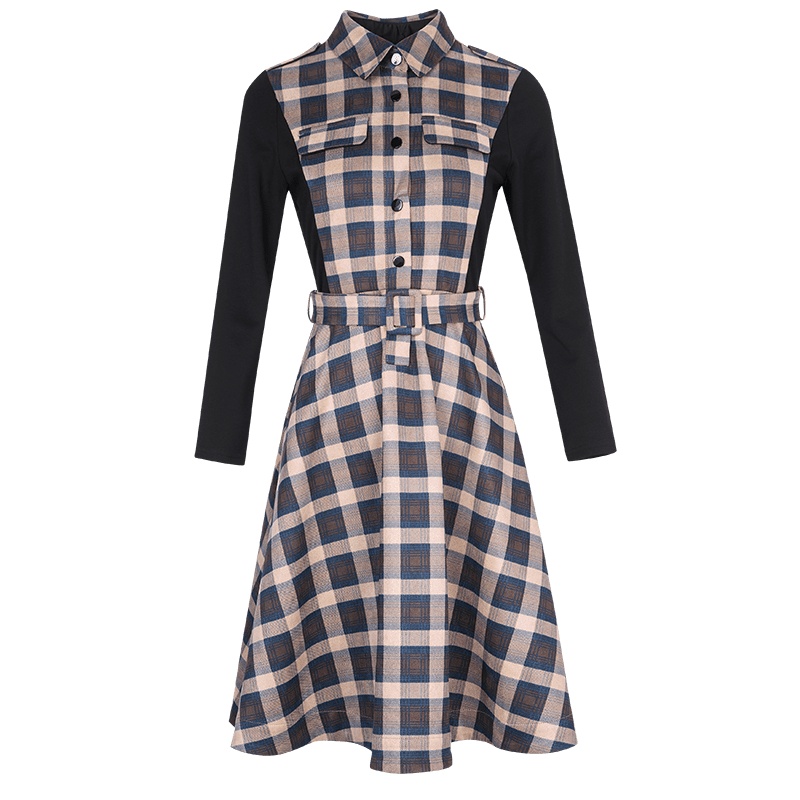 晚白2020冬季新品翻领长袖修身显瘦减龄格子A字裙打底连衣裙女