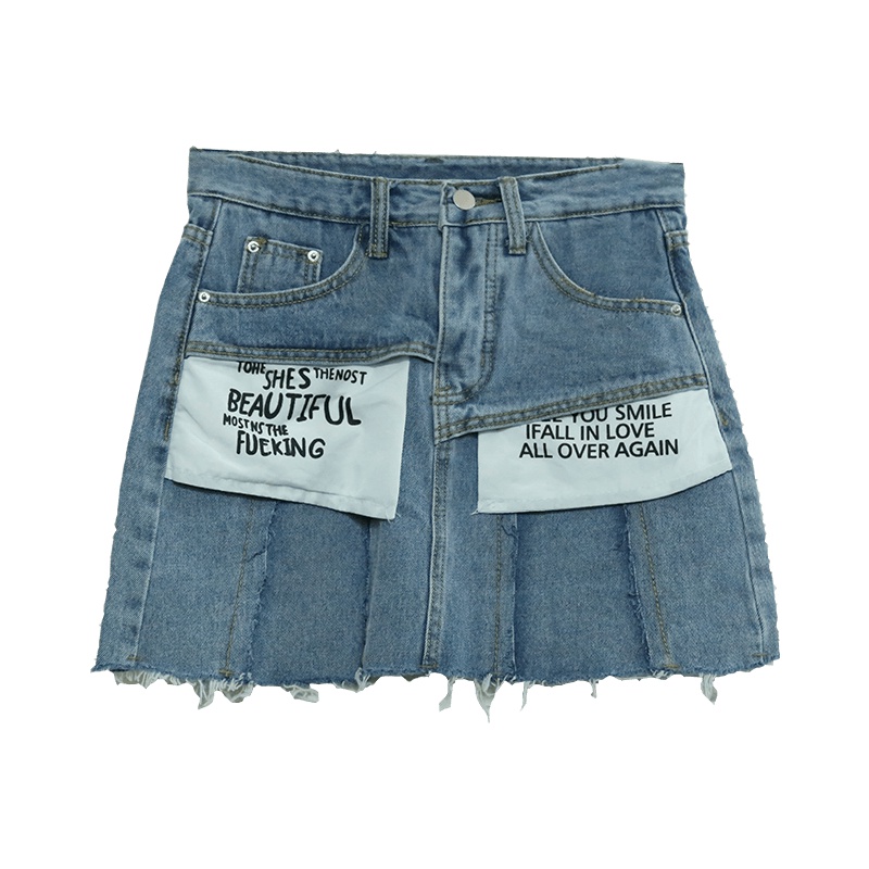 美丽衣橱bf原宿学生牛仔裙2019秋新款时尚百搭字母毛边半身裙子
