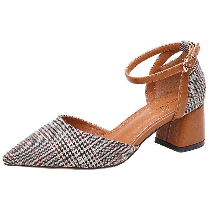 森林公主女鞋新品新潮格子布中跟包头尖头后空女鞋