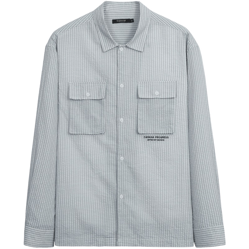 千纸鹤男士格子衬衫上衣2020新款青年刺绣潮流工装长袖衬衣10250