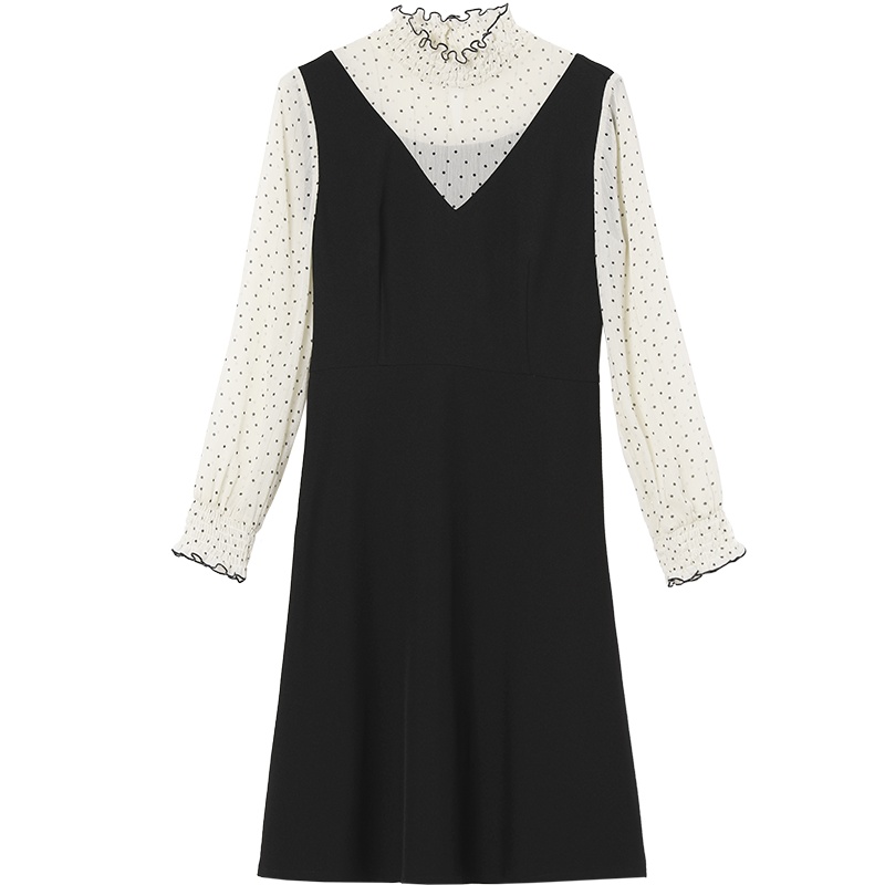 欧莎黑色假两件连衣裙收腰显瘦2020年新款女装春季赫本风小黑裙子