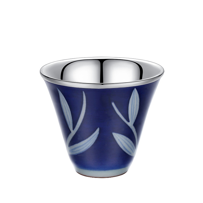 银斯妮 999纯银茶杯 主人杯单杯功夫银茶具 陶瓷银杯 建盏品茗杯家用茶碗 随手礼