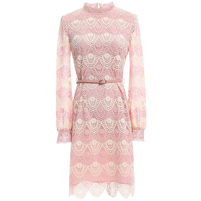 欧昵雪气质花边立领高腰孔雀纹镂空蕾丝连衣裙女长袖