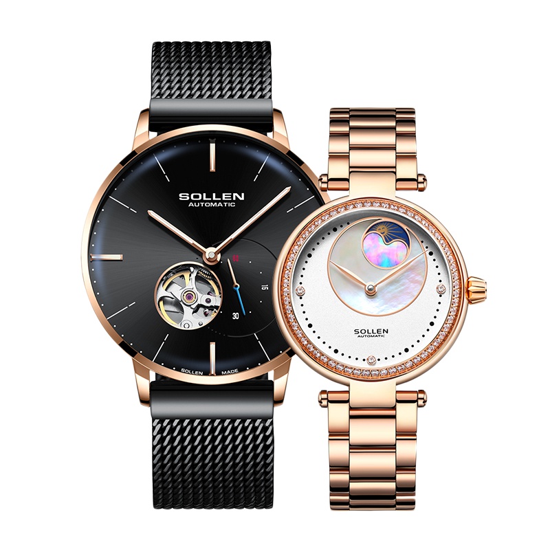 梭伦(SOLLEN)正品手表ins风简约时尚商务镂空一对1314情侣表自动机械表潮流女男士手表SL1314