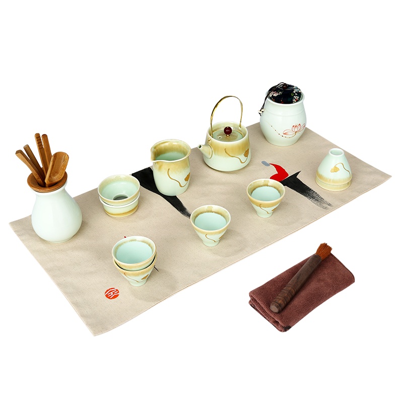 常生源 功夫茶具套装 陶瓷 渐变釉 描金 茶壶茶杯公道杯茶漏 手绘茶叶罐茶席 赏莲茶具套组（企业定制款）