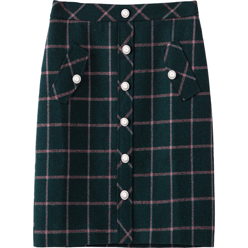 晚白2021春季新品修身英伦范格子高腰通勤百搭毛呢裙半裙半身裙女