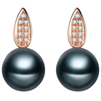 brir 佰色传情 正圆8-9mm优雅大溪地黑珍珠耳饰耳钉耳环女18K金钻石正品女