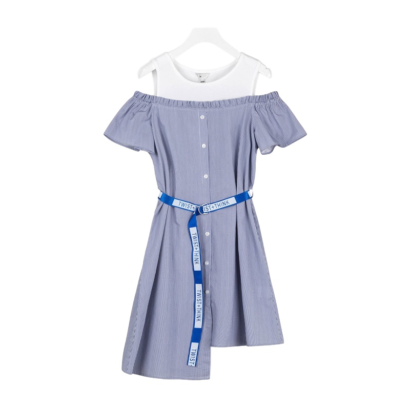 拉夏贝尔夏露肩木耳边条纹收腰显瘦韩版宽松连衣裙