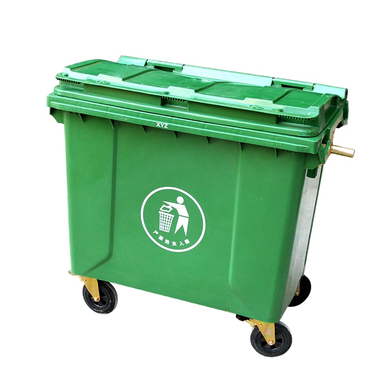 户外环卫垃圾桶大型挂车桶大号手推垃圾车 出口料军绿色(带盖) 660L