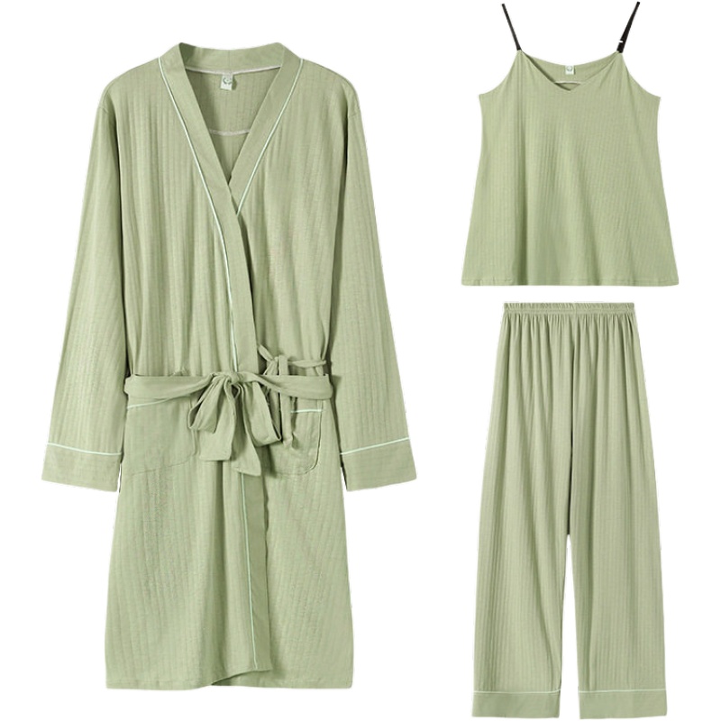 俞兆林秋冬季日式睡衣长袖三件套装加肥加大码宽松胖mm棉居家套装