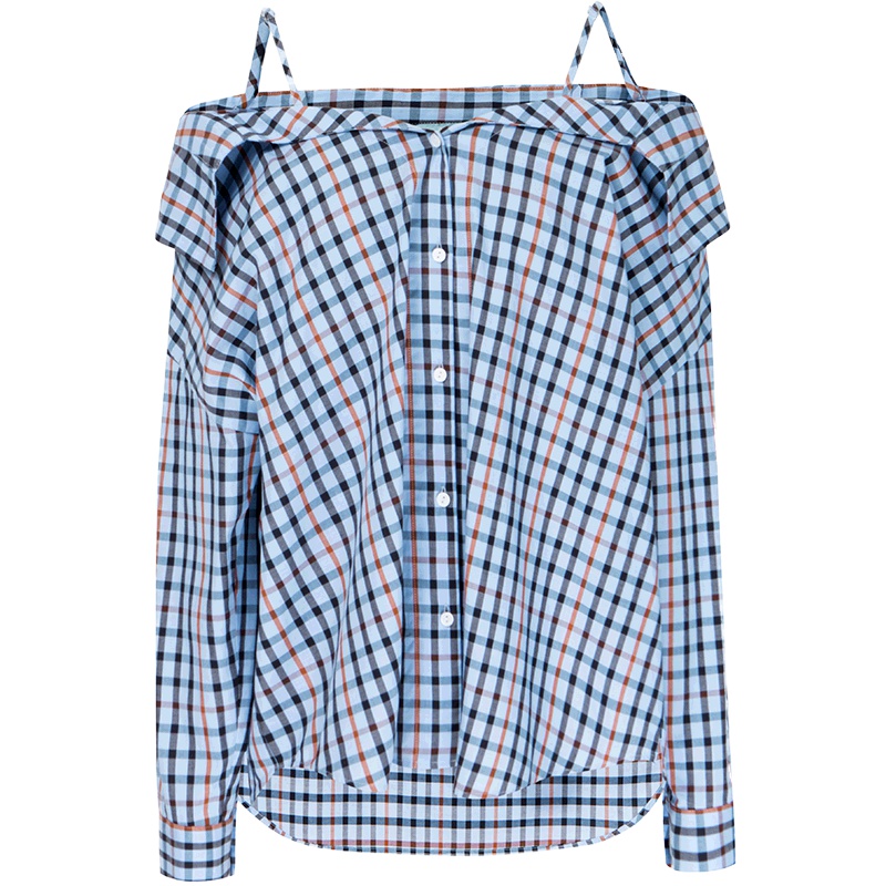 伊芙丽下装新款韩版洋气上衣长袖衬衣潮吊带格子纯棉衬衫女韩范