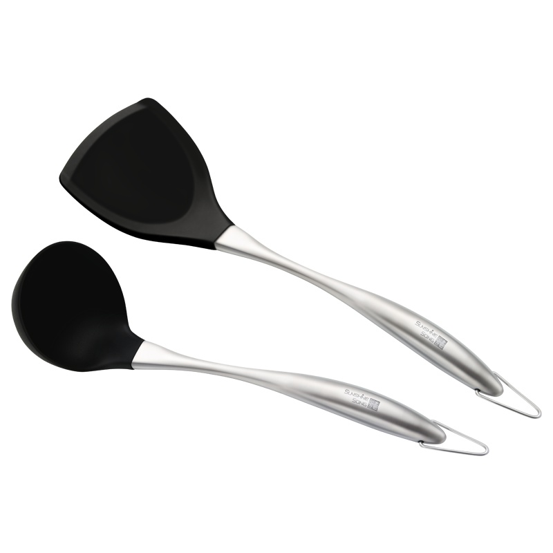 阳光飞歌 304不锈钢锅铲汤勺 耐高温不粘锅硅胶锅铲汤勺炒铲粥勺两件套装 黑色QCF003