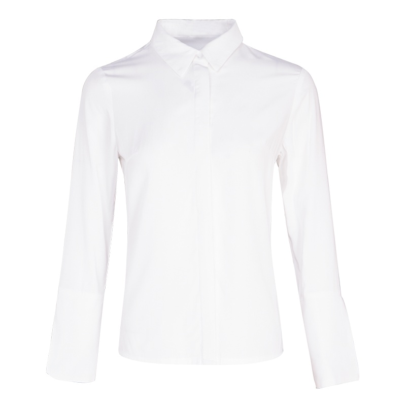 晚白2019秋季新品纯色优雅职业范POLO领单排扣喇叭袖通勤上衣衬衫女