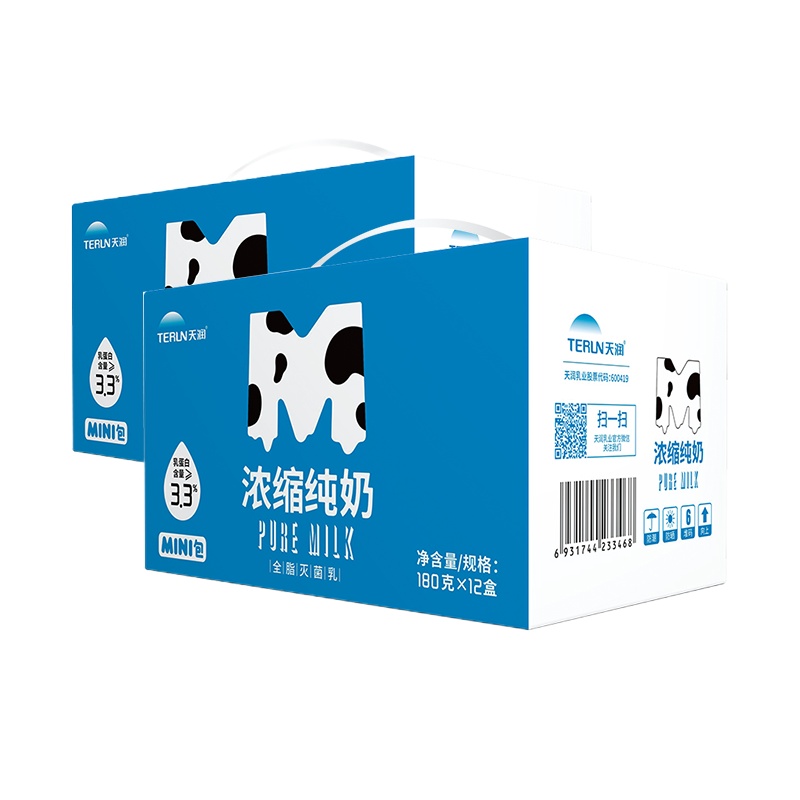 天润(terun)[新疆牛奶] 新疆浓缩纯牛奶MINI砖营养奶180g*12盒*2箱(分包裹发货,每箱牛奶单独包裹)