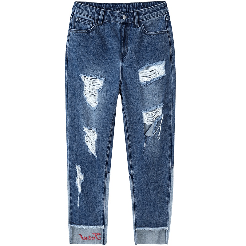 ERAL/艾莱依破洞牛仔裤女2018新款韩版裤子九分裤