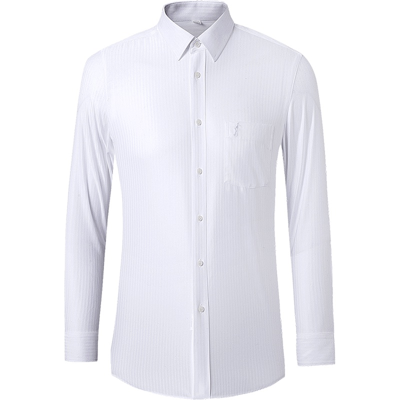 才子男装长袖衬衫男秋季品简约百搭修身商务休闲暗条纹免烫衬衫男白色